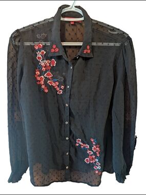 Sheer Black Embroidered Floral Button-Up Blouse